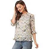 Allegra K Chiffon Blouses for Women Casual 3/4 Length Sleeve Floral Tops