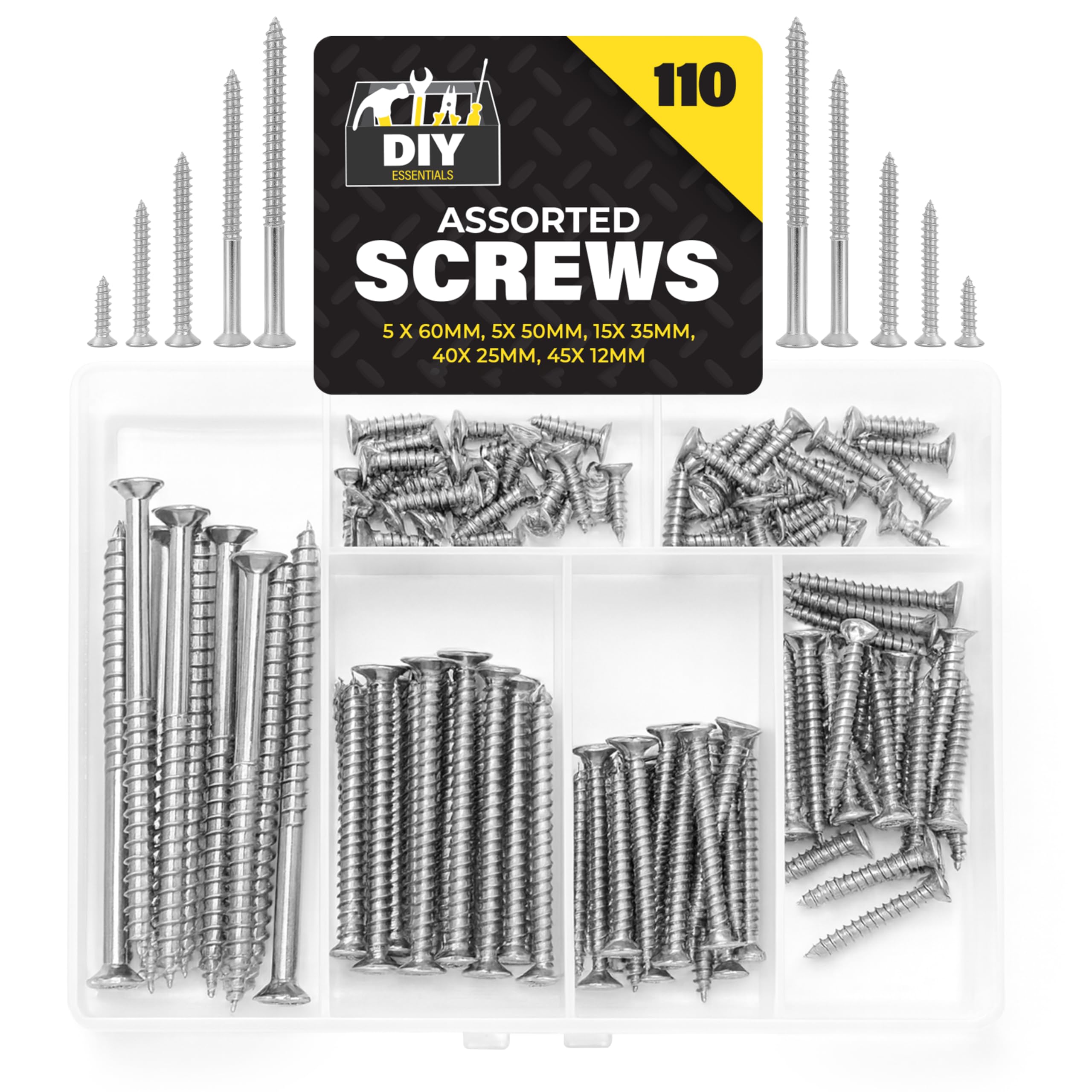 SOL 110pk Assorted Screws 1.5cm 2.5cm 3.5cm 5cm 6cm Wall Plugs with Organised Storage Case Mixed Steel Self-Tapping Countersunk Flat Head Screws for DIY Repairs Home Workshop Projects