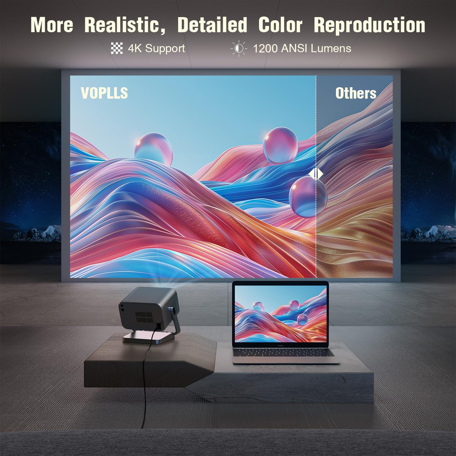[Netflix Officially & Auto Focus] VOPLLS 4K Projector with WiFi and Bluetooth, 3D Stereo Sound & Auto Keystone Video Projector, 1200ANSI Outdoor Movie Projector, 50% Zoom, MAX 300''Display (Grey)
