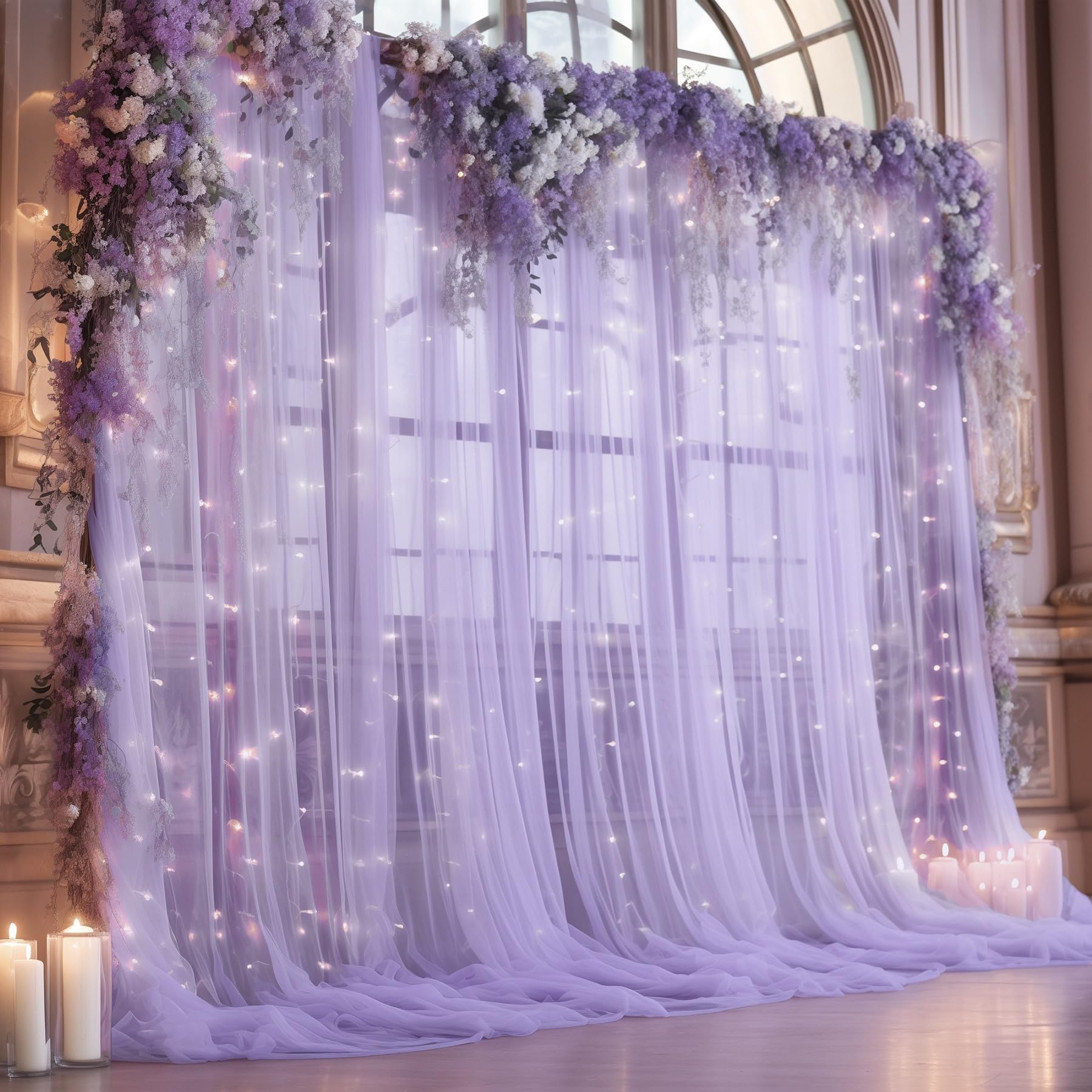 Photo 1 of 10ft x 10ft Purple Backdrop Curtain with Lights String for Parties, Sheer Tulle Wedding Photo Backdrops Drapes for Purple Birthday Party Decorations Background for Photography