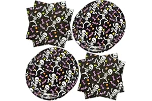 ZVK Halloween Skeleton Party Paper Plates, Disposable Napkins 60 Pieces Black Dinnerware Set Party Tableware Decoration Happy Halloween Supplies