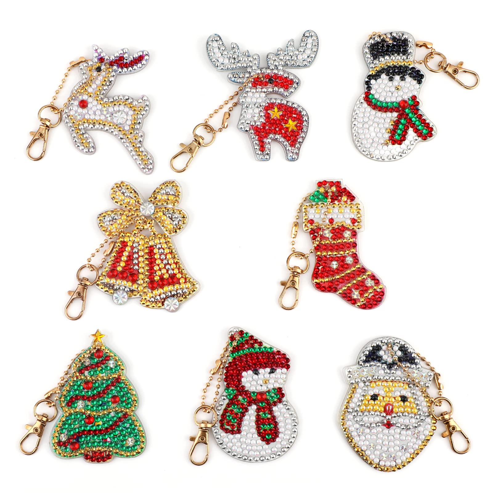 MWOOT 8Pcs 5D DIY Christmas Diamond Pasted Painting Keychain Kit, Santa Claus Double Sided Full Drill Rhinestone Painting Key Chains Pendant for Kids Adults Beginners Backpack Handbag Ornaments
