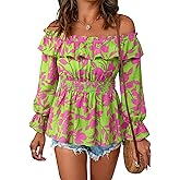 Gaharu Women's Off Shoulder Tops Ruffle Long Sleeve Blouses Dressy Casual Loose Shirts