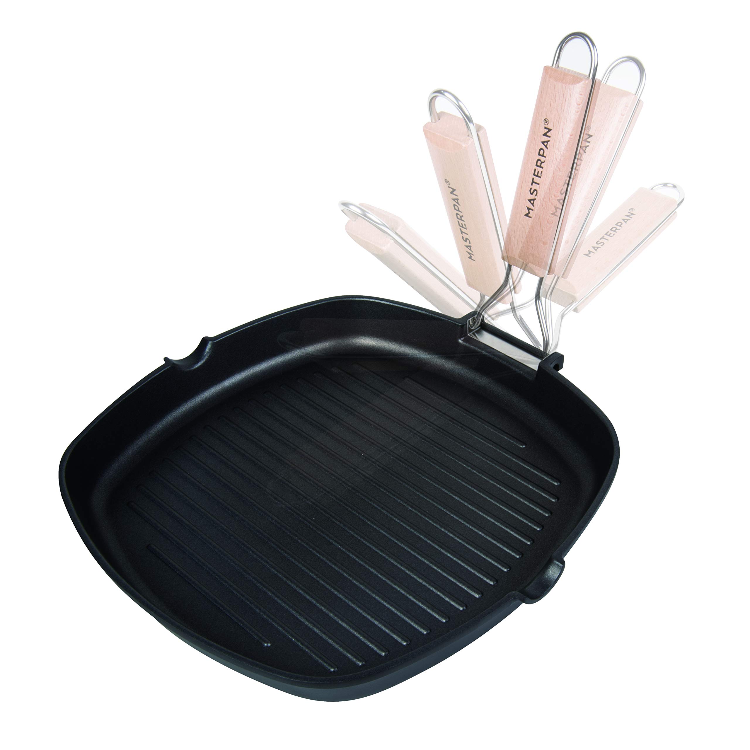 Masterpan MP-140 Non-Stick Grill Pan Strong Folding Handle, Double Layer Performance Non Stick Coating, Raised Grill Ribs, Space Saving, Induction Compatible, Easy Clean, Camping, 28cm, Black