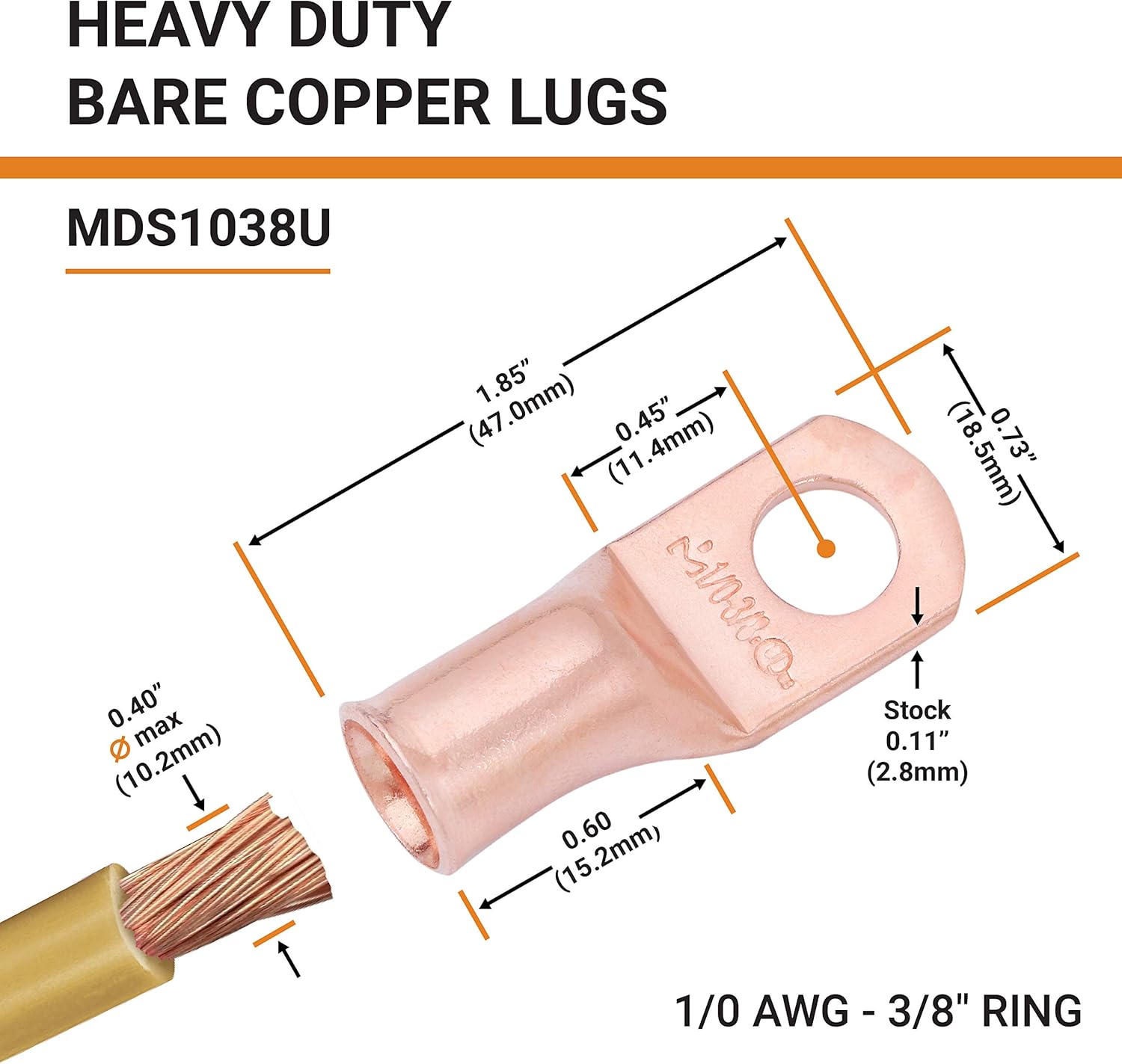 SELTERM UL Listed Heavy Duty Wire Lugs, Battery Cable Ends, Bare Copper Eyelets, Tubular Ring Terminals, Closed End Crimp Connectors — (8 AWG to 250 MCM) : Sports & Outdoors