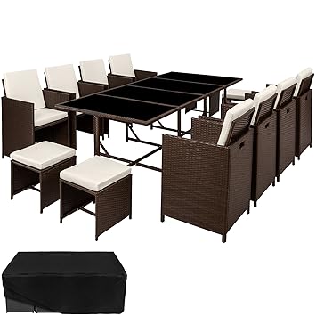 TecTake Poly Rattan 8+4+1 Sitzgruppe | 8 Stühle 4 Hocker 1 Tisch | inkl. Schutzhülle & Edelstahlschrauben | - Diverse Farben 