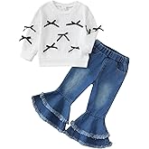 Renotemy Toddler Baby Girl Clothes Fall Winter Outfit, Bow Sweatshirt Denim Bell Bottom Jeans Outfits for 1-5 Year Girls