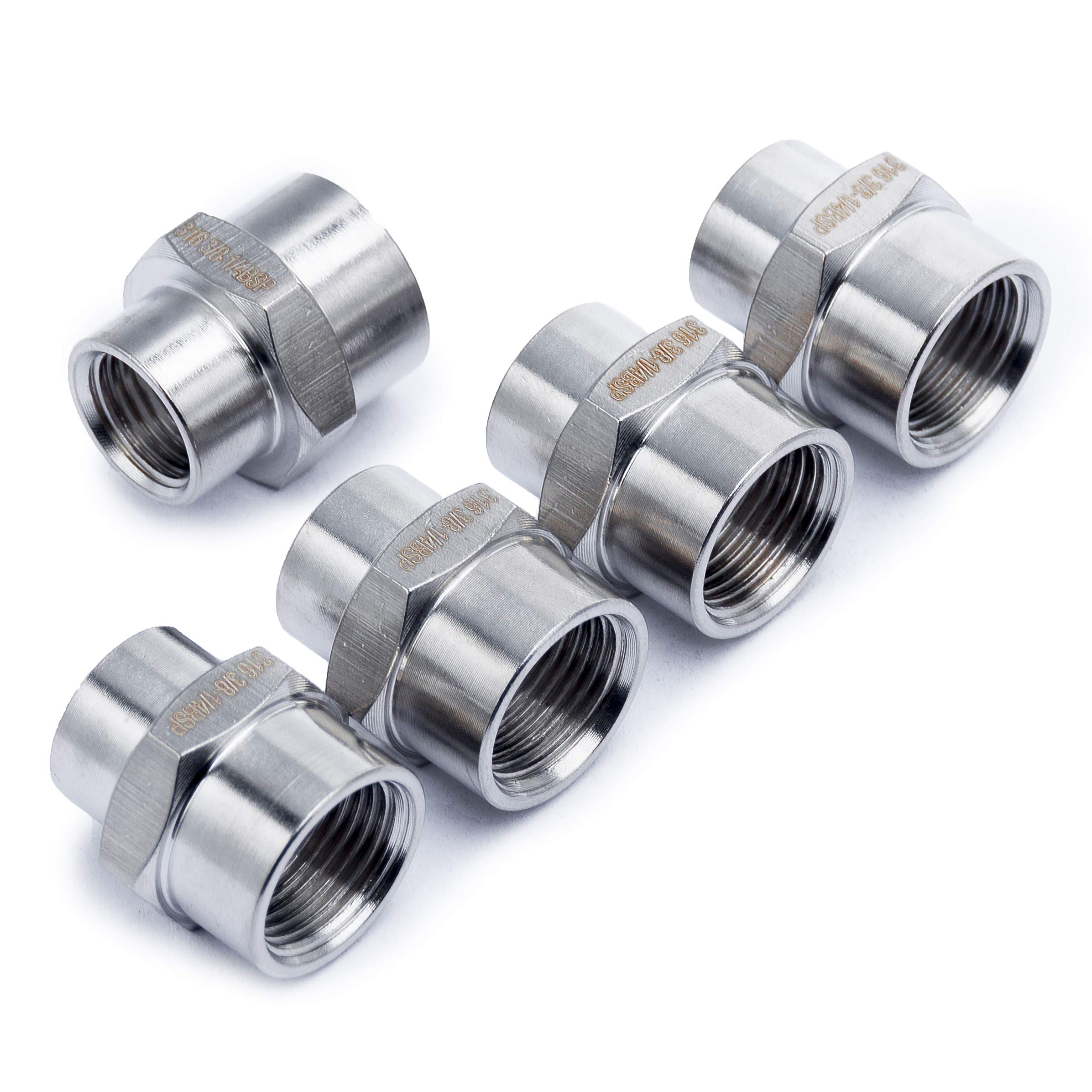 LTWFITTING Stainless Steel 316 BSP Pipe Fitting 3/8-Inch x 1/4-Inch Female BSPP Reducing Coupling Boat Air Fuel (Pack of 5)