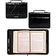 Christian Art Gifts Women's Black Vegan Leather Croc Style Bible Cover with Tassels: Blessed - Inspiring Protective Carry Case Accessory with Gold Accents, Pockets, Pen Loops & Grace Zipper, Large
