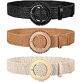 3 Pack Straw Woven Stretch Belt for Women,Raffia Elastic Belt for Dress Wide Boho Waist Belt with Round Buckle