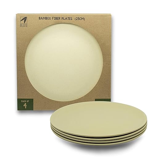 MIJOTO Bambus Teller 4er Set - 25cm - Nachhaltiges Geschirr aus Bambus und Maisstärke - Biologisch Abbaubar - Weiß/Natur