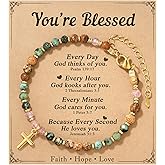 HGDEER Crystal Beaded Cross Blessing Bracelet for Women Retirement Gifts, Natural Stone Jewelry with Blessing Card for Retired Coworker Friend Mom