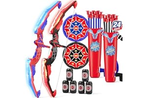 HYES 2PCS Bow and Arrow for Kids, LED Light Up Archery Set with 24 Suction Cup Arrows, 2 Hanging Target, 6 Score Targets & 2 Quiver, Indoor Outdoor Sport for Boys Girls Ages 4-12