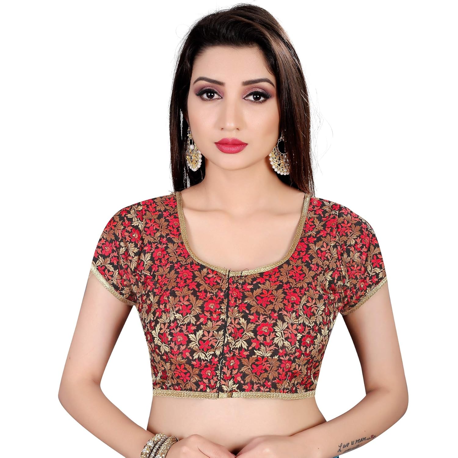 spangel fashion black red flower round neck women's ready made saree's blouse