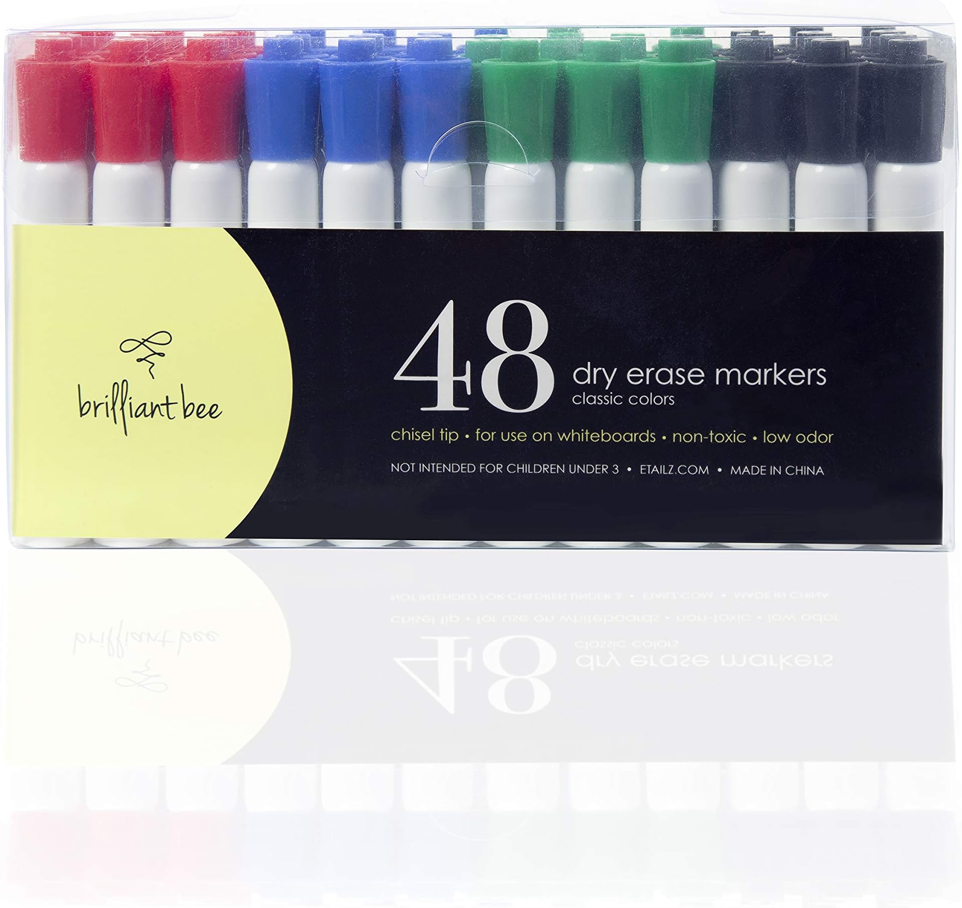 Brilliant Bee Dry Erase Chisel Tip Markers, for Use on Whiteboards at Home, School, or Office, Red Blue Green Black, 48 Count
