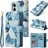 UEEBAI Wallet Case for iPhone 16, PU Leather Wallet Magnetic Closure Handbag Zipper Pocket Cover Kickstand Card Slots with Hand Strap Marple Flip Case for Women - Marble Blue