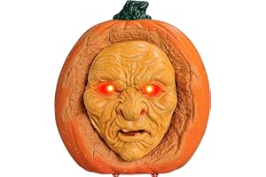 EVAPLUS Scary Animated Pumpkin Decor - Glowing Red Eyes, Moving Mouth & Horror Sounds with Motion Sensor, Creepy Old Man Face for Halloween Haunted House‌ (Orange - Pumpkin Head)