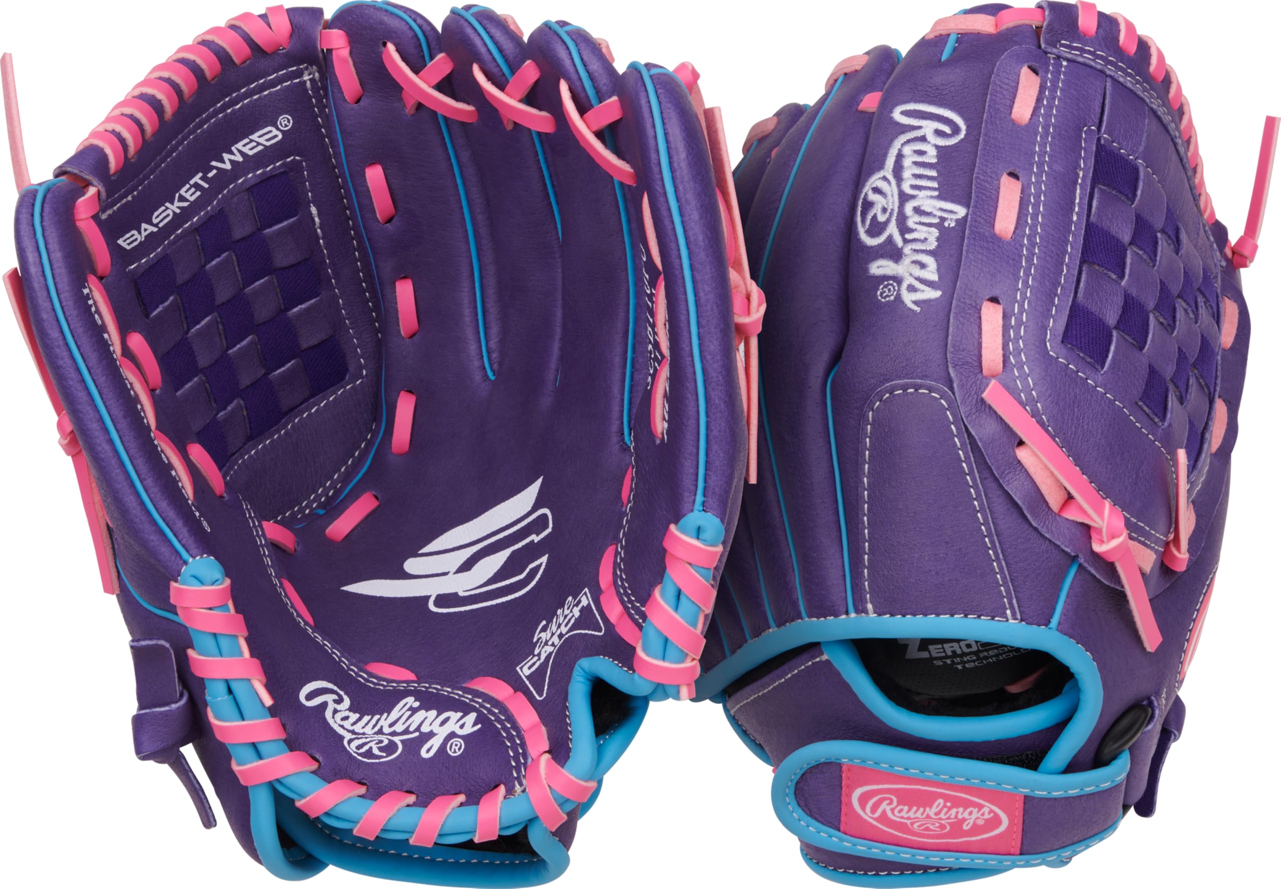 Rawlings | Sure Catch Youth Series Softball Glove | 11" | Left Hand Throw | Purple/Columbia Blue/Pink Image