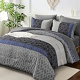 Dinjoy Boho Queen Comforter Set Blue Gray,7 Piece Bed in a Bag Queen Size Warm Striped Fall Bedding Sets with Plaid Comforters with Sheets for Family All Season