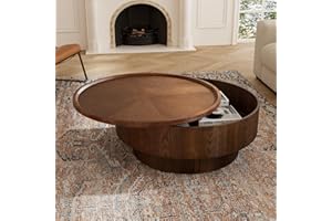Round Coffee Table with Covert Storage Rustic Modern Circle Center Tables with Solid Wood Veneered for Living Room Bedroom Ap
