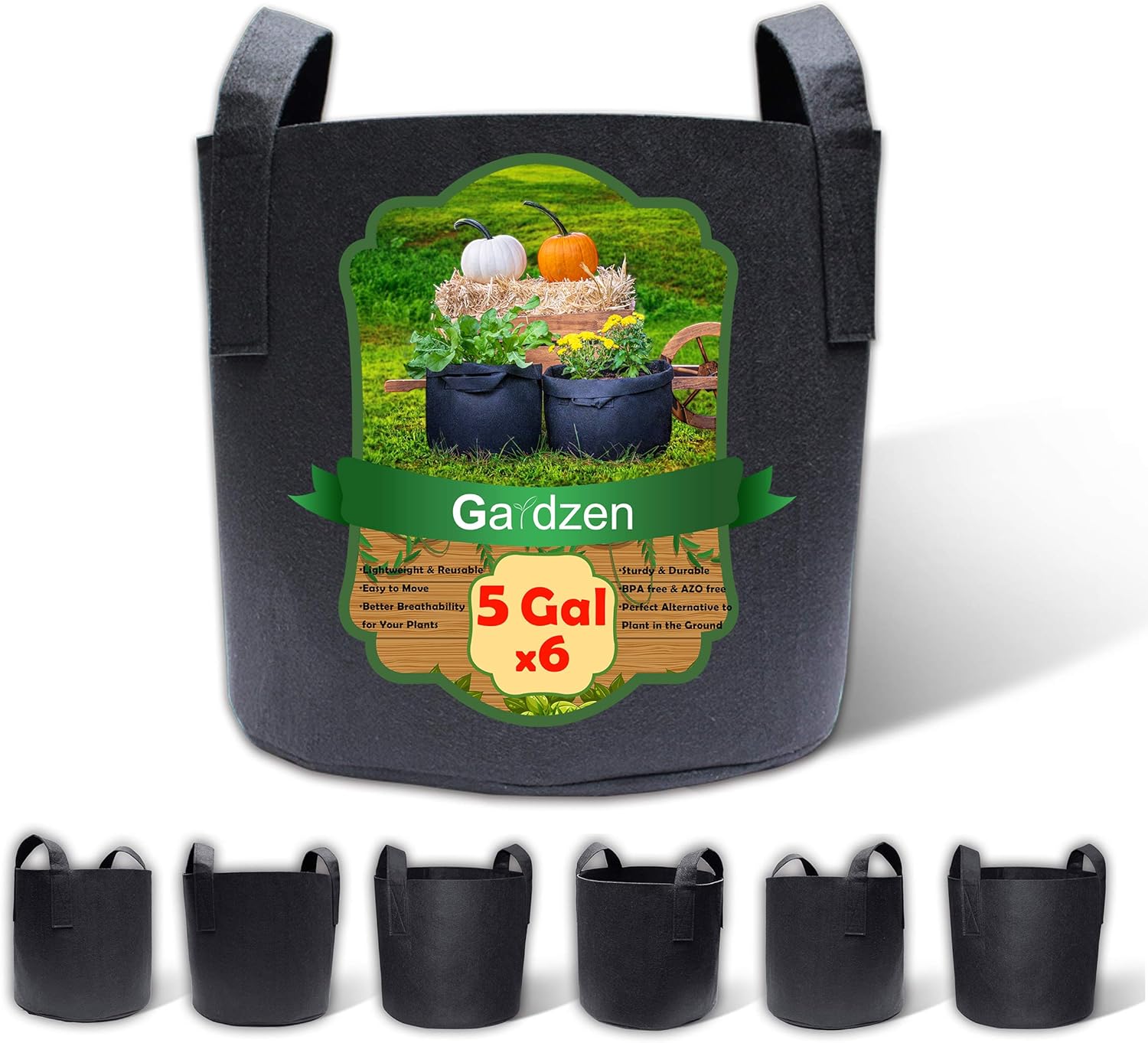 Gardzen 6-Pack 5 Gallon Grow Bags, BPA Free Aeration Fabric Pots with Handles