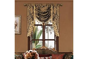 Loom and Mill Luxury Waterfall Valance for Living Room, Classic Damask Jacquard Swag Valances with Tassels, Black Swag Curtains for Bedroom Windows Banquet Halloween Decor, Rod Pocket(W39Inch,1 Panel)