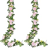 Sggvecsy 2Pcs 15.5Ft Artificial Rose Vine Fake Flower Garland Floral Garland Faux Silk Hanging Vine Rose Ivy Vines for Wedding Arch Party Wall Garden Ceremony Background Outdoor Decor (Pink)