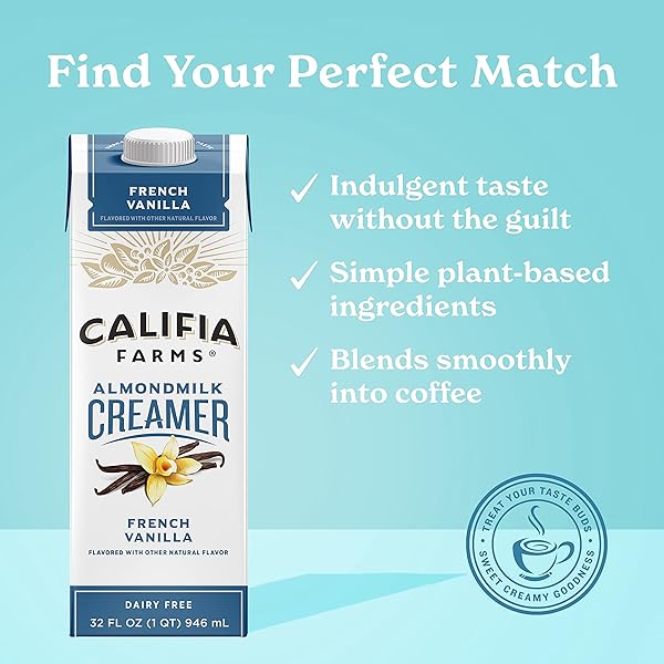 CALIFIA FARMS VANILLA ALMONDMILK COFFEE CREAMER WITH COCONUT CREAM, 32 OZ | DAIRY FREE | PLANT BASED | NUT MILK | VEGAN | NON-GMO