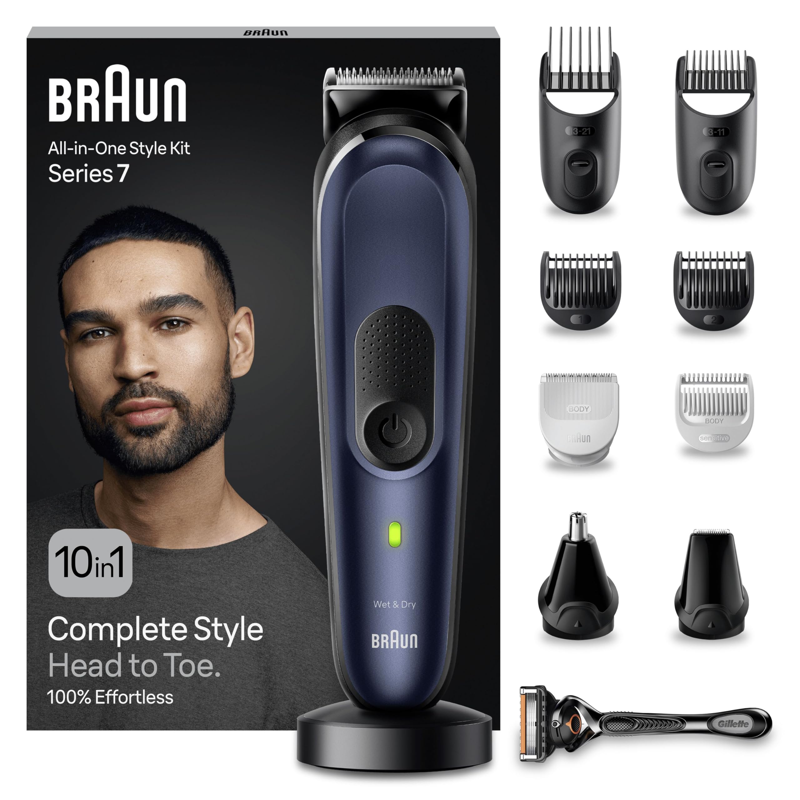 Braun All-in-One Style Kit Series 7 MGK7410 10-in-1 Grooming Kit for Men, for Beard Trimming, Manscaping, Hair Clipping & More, with Charging Stand & Pouch, Waterproof, Rechargeable