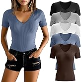 Huukeay 5 Pack Women's Cotton V Neck T-Shirts Multipack Short Sleeve Slim Casual Ribbed Tops Basic Summer Tee