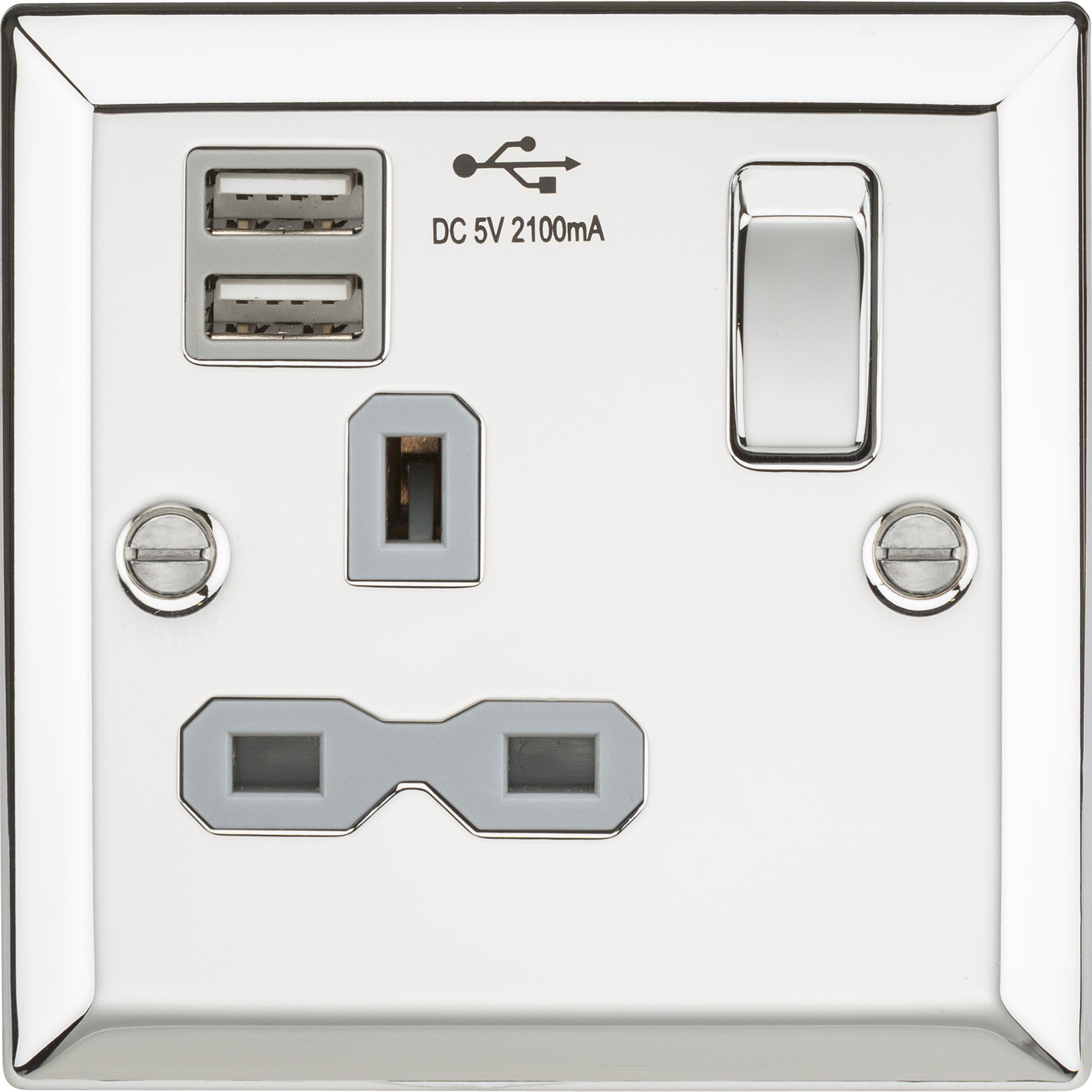 Knightsbridge Switched Socket Dual USB Charger Slots with Insert, Polished Chrome