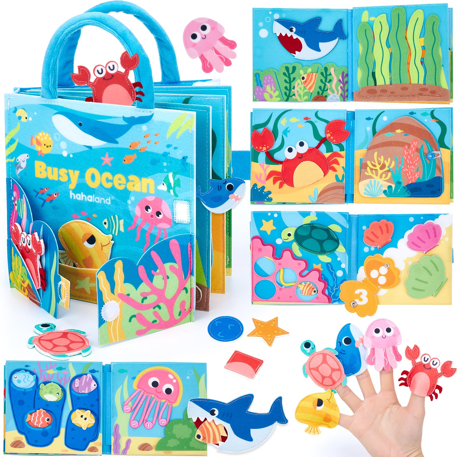 hahaland Ocean Busy Book for Toddlers 1-3, Montessori Toys Sensory Activity Busy Board, Travel Toy for 1 2 3 Year Old Boys Girls, Educational Fine Motor Skills Learning Toy, Toddler Birthday Gift