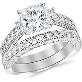 2.03 Carat Three Stone Vintage with Milgrain & Filigree Bridal Set with Wedding Band & Diamond Engagement Ring with a 1 Carat Moissanite Center