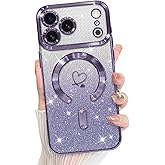 Bonoma Compatible with iPhone 17 Pro Max Case 2025 Support for MagSafe, Plating Heart Glitter Magnetic Case TPU Camera Protection Back Cover for Phone Case -Purple