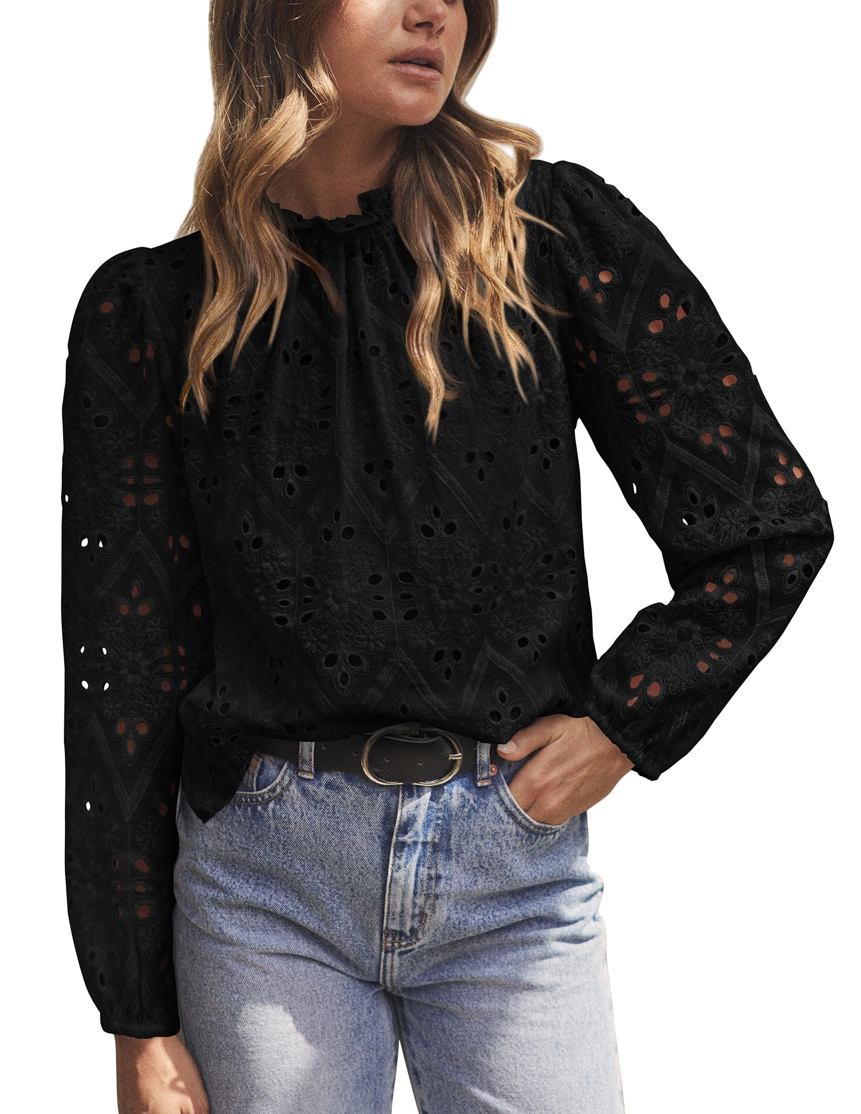 Photo 1 of PRETTYGARDEN Tops for Women Trendy 2025 Fall Long Sleeve Blouses Dressy Casual Embroidered Eyelet Shirts Going Out Outfits (Black,Medium)