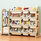Toy Storage Organizer, Wooden Toy Organizers and Storage with Bookshelf, Toy Storage Shelf with 3 Shelves and 12 Storage Bins, Kids Bookshelf for Playroom, Nursery, Bedroom , Bookcase for Kids, White