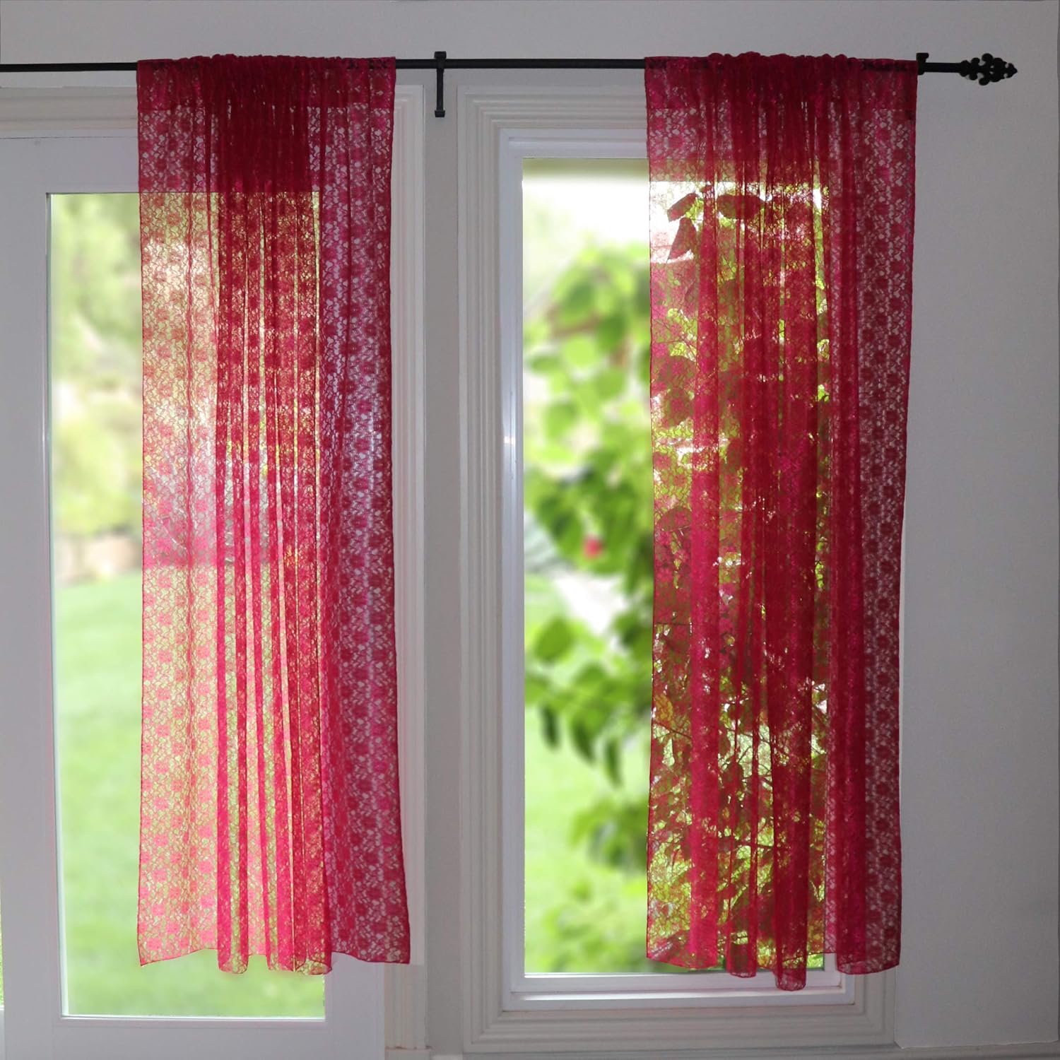 Amazon Com Lovemyfabric Floral Lace Window Curtain Panel Fuchsia