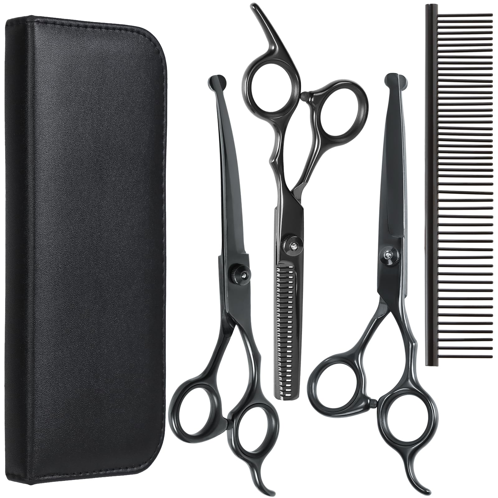 EVERESTA Dog Grooming Scissors with Safety Round Tips, Heavy Duty Titanium Pet Grooming Trimmer Kit, Professional Thinning Shears, Straight Scissors with Comb for Dogs and Cats (Black)