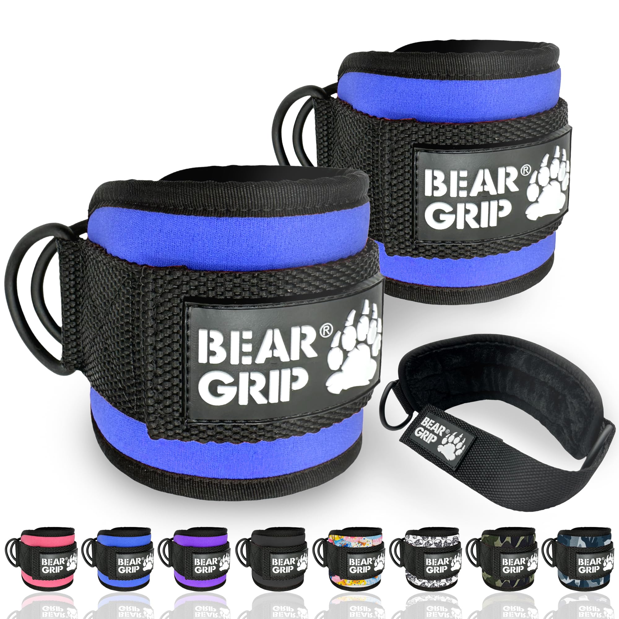 BEAR GRIP - Ankle Straps for Cables with New Fleece Design - Strong Closure, Double Stainless Steel D-Ring, Adjustable Neoprene - For Men & Women (Blue - Pair)