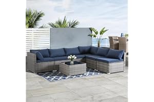 FHFO 7 Pieces Outdoor Patio Furniture Set Modular Patio Set Wicker Outdoor Sectional Sofa Set PE Rattan Patio Conversation Sets with Cushions & Coffee Table for Outside, Garden, Balcony, Porch, Blue