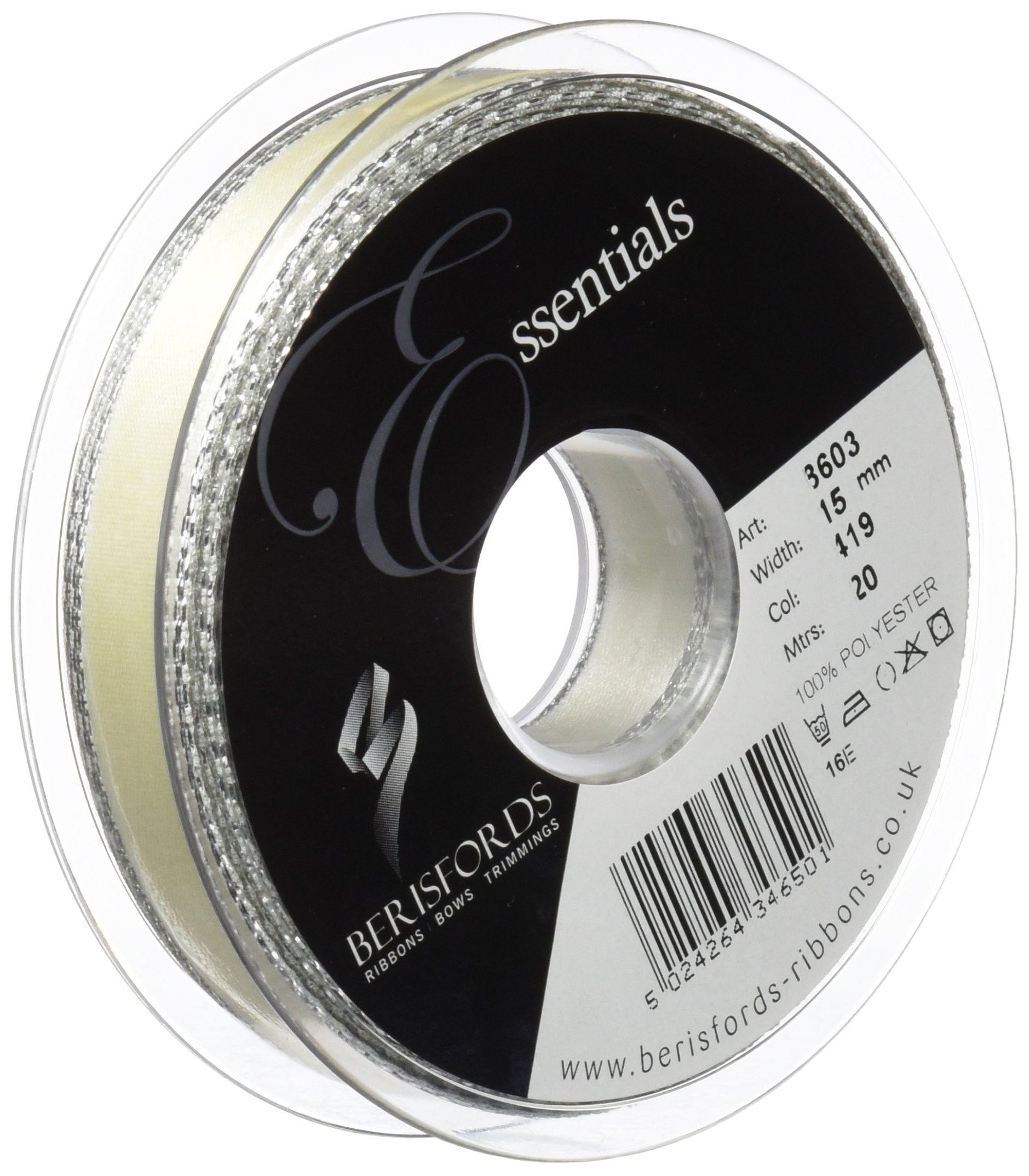 Berisfords 15 mm Silver Edge Satin Ribbon, Bridal White