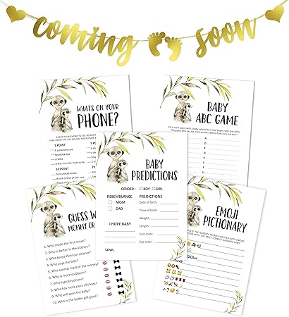 Inkdotpot Jeux De Baby Shower De Genre Neutre Meerkat Bundle Avec Coming Soon Banniere Bruant Or 5 Activites Pour 50 Personnes Est Un Garcon De Son Une Fille Jeux Ensemble Amazon Fr Cuisine