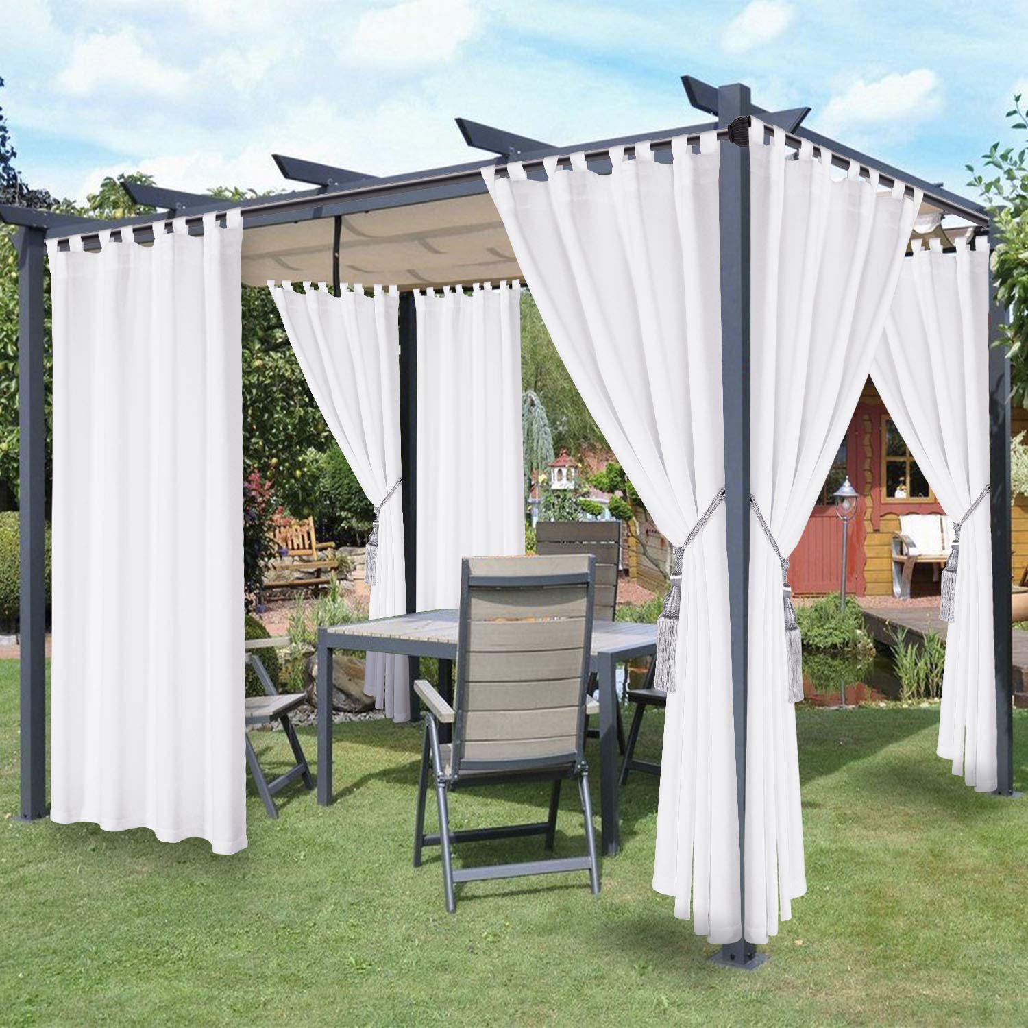 Photo 1 of LORDTEX Waterproof Indoor/Outdoor Curtains for Patio - Thermal Insulated, Sun Blocking Detachable Sticky Tab Top Blackout Curtains for Bedroom, Porch, Pergola, Cabana, 52 x 95 inch, 2 Panels, White