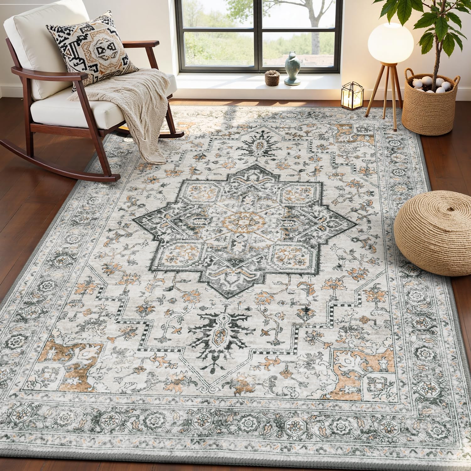 Lessymo 4x6 Washable Area Rugs for Living Room Bedroom Ktichen, Soft Boho Indoor Rug Non Slip, Vintage Carpet Low Pile for Dining Room Kids Room Entryway Bathroom Bedside Home Office, Grey/Brown
