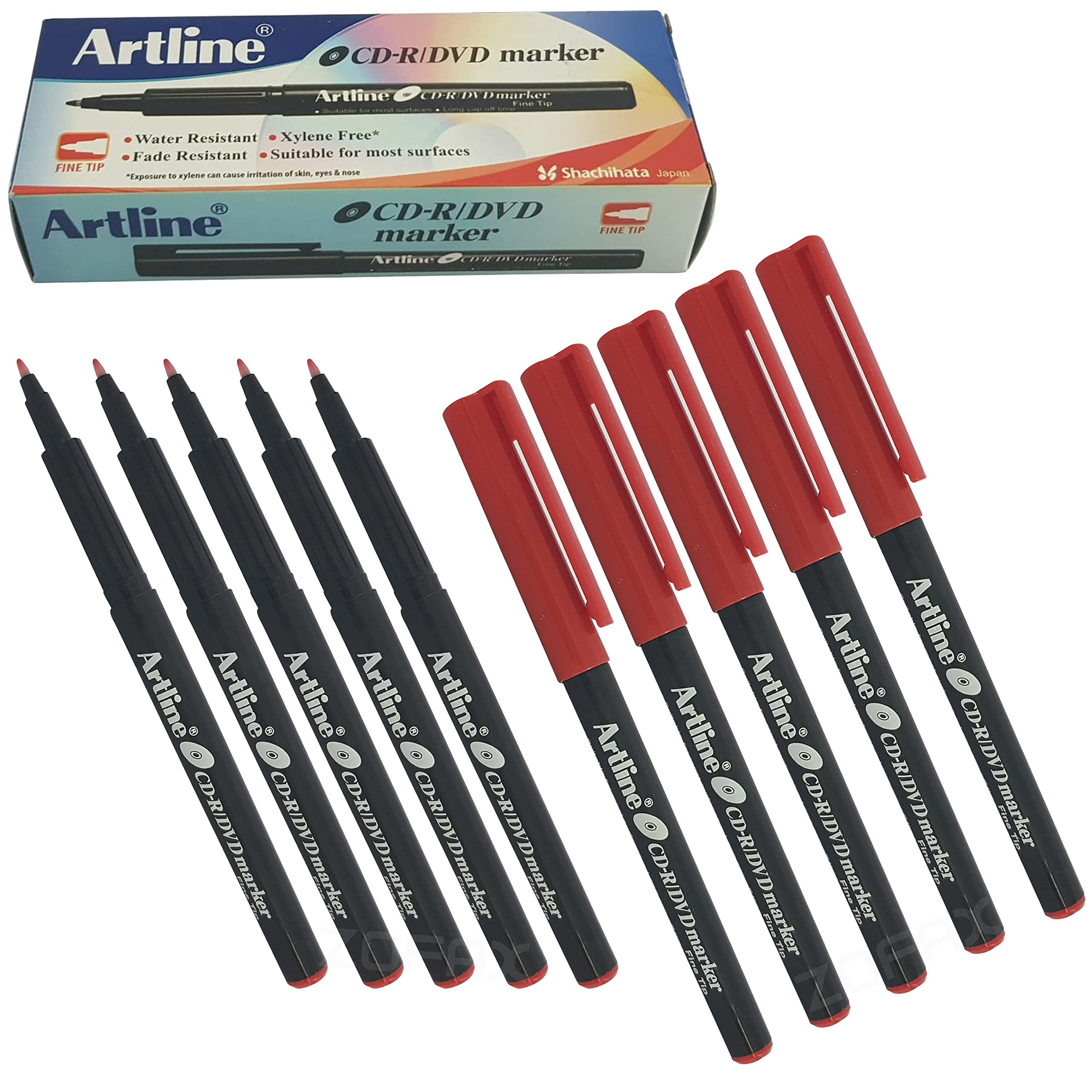 Artline Permanent Marker Pens, RED, Fine Tip, Pack of 10, Multipack, Fineline Smooth Surface Marker Pens, Water Fade Resistant Ink
