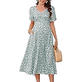 KOJOOIN Maternity V Neck Dress Ruffle Short Sleeve Summer A Line Midi Dress Baby Shower Photoshoot