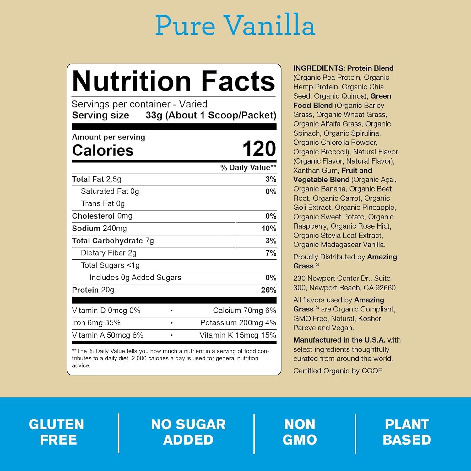Amazing Grass Protein Superfood: Vegan Protein Powder, All-in-One Nutrition Shake, Pure Vanilla, 20 Servings : Grocery & Gourmet Food