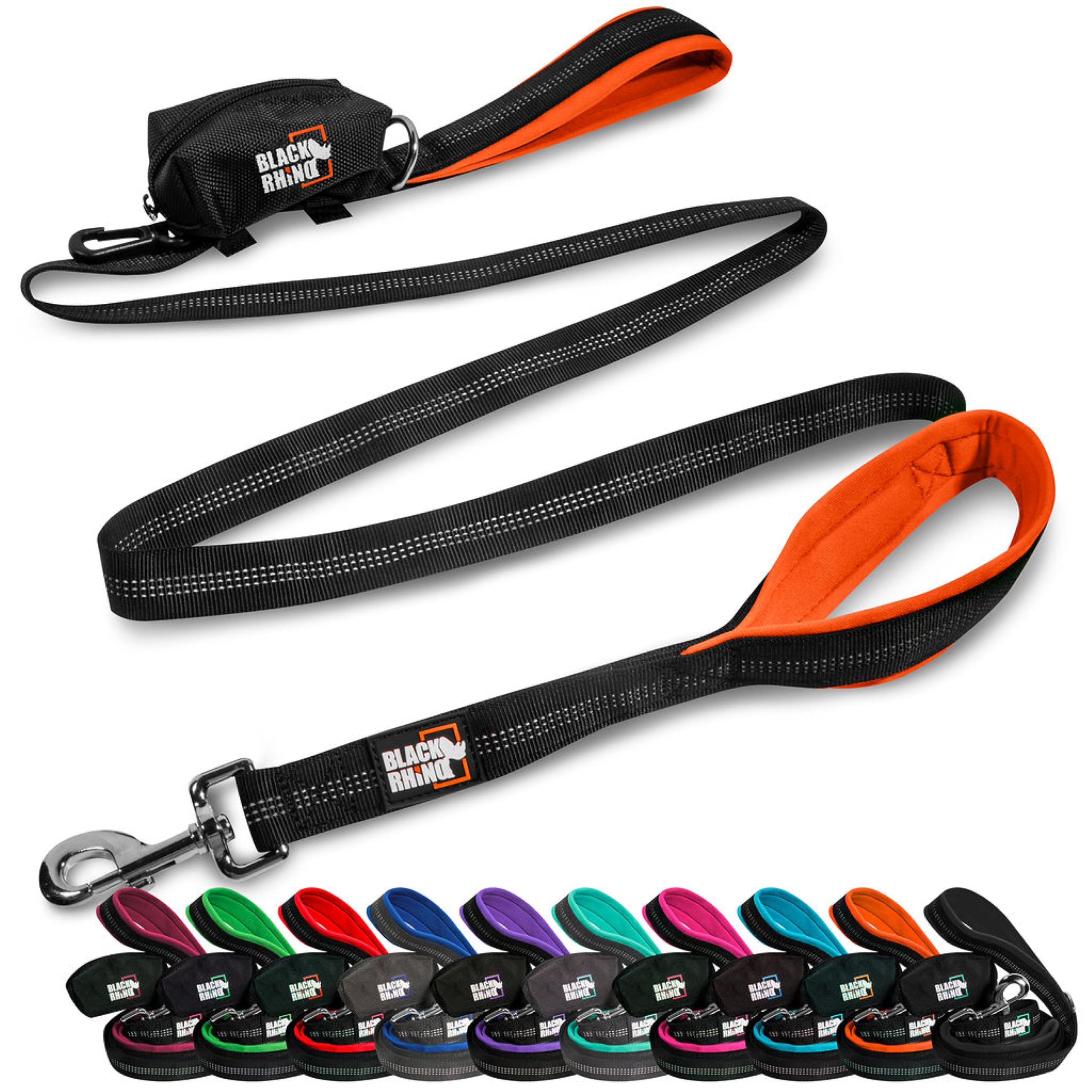 Black Rhino Dog Lead - Heavy Duty - Medium & Large Dogs | 6ft Long Leashes | Two Traffic Padded Comfort Handles for Safety Control Training - Double Handle Reflective Lead (Orange)