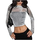 MakeMeChic Women's Y2K Crop Tops Metallic Boat Neck Mesh Long Sleeve Tops Club Tee Shirts