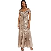 R&M Richards Women's Beaded Gown - Off The Shoulder Portrait Neckline Formal Evening Dress W/Cap Sleeves